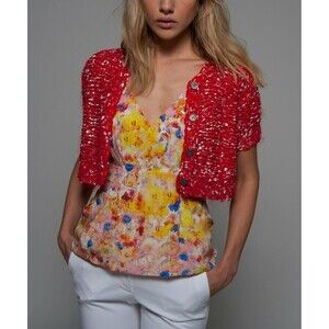 Cluny Red & White Hand-Knit Cropped Cardigan Sweater Size Large NWT